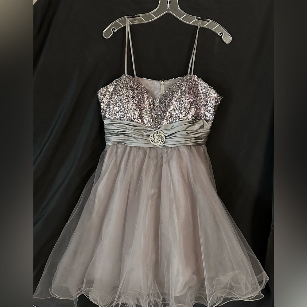 Silver with sequined top prom dress, homecoming dress.